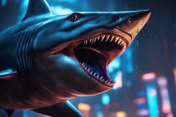 Huge shark in 8k solo leveling shadow artstyle, symbiote them, blue lights, rain, neon lights, intricate details, highly detailed, high details, detailed portrait, masterpiece,ultra detailed, ultra quality