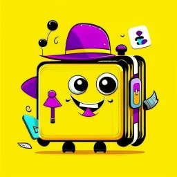 Social Media Design A yellow suitcase has eyes, a mouth, eyes, hands and legs, a cute smiley, wearing a black hat and carrying a passport. Comic shape. . A simple purple background. Give me the image with the best automated atmosphere. Sinai. Darmi.