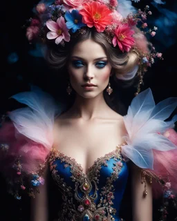 Gorgeous Realistic Photography Camera Lens soft blur Pretty European Supermodel as Beautiful Fairytale, a stunning beautiful woman adorned in vibrant carnival attire, ethereal beauty, black background, with swirling colors and fantastical tiny flowers, enchantment and grace, twisted vines, whimsical, surreal landscapes, emotive style, dreamlike quality, and magical realism, carnival red, ethereal pink, whimsical blue, vibrant green, celestial purple, golden amber, and shimmering silver