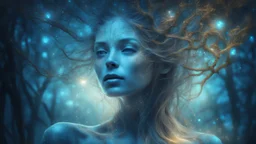 The photo is in a bioluminescent and bioluminescent art style depicting a divine tree woman, double exposure, Bioluminescent dewy translucent glowing skin, ethereal glowing eyes, long neck, perfect face in ultra-realistic details, blue hues, flowing hair, The composition imitates a cinematic film with dazzling, gold and silver lighting effects. Intricate details, sharp focus, crystal clear skin create high detail. 3d, 64k, high resolution, high detail, computer graphics, hyperrealism, f/16, 1/30