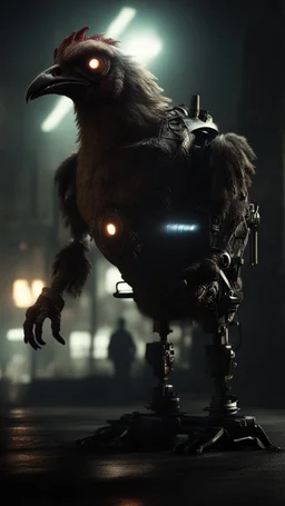 chicken monster robot with eerie lighting and a haunting atmosphere , photo / ultra realistic cinematic