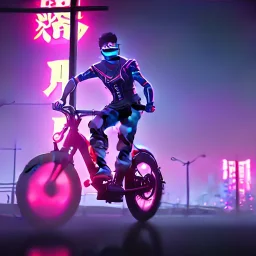 photo of a ninja riding a bike; in an alternate universe in tokyo; cyberpunk; realistic; rain; neon signs