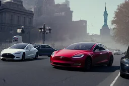 A Tesla 'Model 3' is racing at top speed, near the 'Statue of Liberty' in New York. CINEMATIC. WIDE ANGLE LENS. PHOTO REAL.