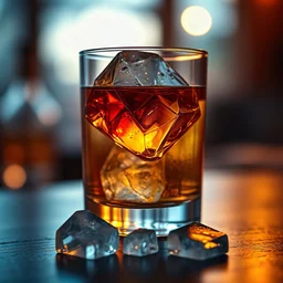 icecube shaped like low poly icemountain floating inside glass that is filled with bourbon, some pieces of ice on the teable in focus, warm evening mood, photorealistic, strong bokeh