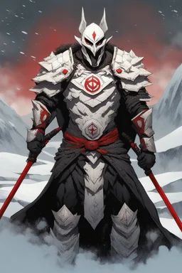 The character, depicted in a striking white armour against a wintry backdrop stands with his hands behind his back inside the scene, he has a red and black circular symbol on his chest like a shield, a black pointed spear with a red handle on his back, His eyes are showing a dynamic expression and he wears a black oni mask with white teeth covering the bottom part of his mouth he has brown shoulder pads and a white karate belt with a bag attached to it. He has dark brown hair. He has no helmet.