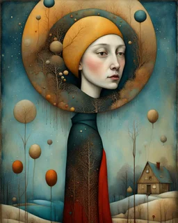 Richly textured Hieronymus Bosch, Catrin Welz-Stein, William Turner, Zdzisław Beksiński, Jacek Yerka oil on canvas zentangle line art style mix, surreal frosted fantasyland winter oceanscape, hoarfrost on trees, high grasses, snow and cottages, withered flowers, pale sunrise; paint splatter, beautiful vibrant colors, reflections, SK, flying seagulls, dramatic clouds, snowfall.