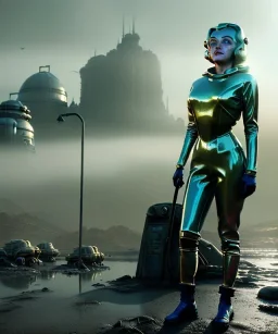 Ultra Realistic retro sci-fi 1960 scene, waist up view portrait, blonde woman, sweet young Marilyn Monroe face, perfect iris, tight latex coat, Strange planet background, Retro sci-fi style latex helmet, fog, rain, soft color, highly detailed, unreal engine 5, ray tracing, RTX, lumen lighting, ultra detail, volumetric lighting, 3d, finely drawn, high definition, high resolution.