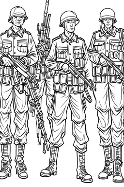 Outline art for coloring page OF A SET OF SMALL AMERICAN TOY ARMY SOLDIERS, coloring page, white background, Sketch style, only use outline, clean line art, white background, no shadows, no shading, no color, clear