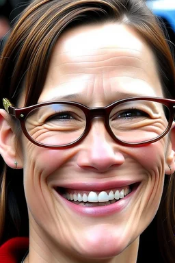 Jennifer Garner con dientes afilados, lentes redondos con muchos granos de acné