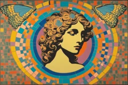 colorful psychedelic painting of ancient god psyche depicted in ancient mosaic art as a butterfly-winged woman by andy warhol