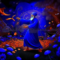 Hyper Realistic Sufi Whirling with Purple & Orange Islamic Sufi Rustic Grungy in a beautiful flower garden at dark night with fireflies & starts on sky