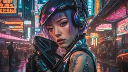 "captivating ultra-futuristic cyberpunk portrait of a young lady, chrome and holographic fashion, neon-lit Tokyo street backdrop, intricate tattoos, LED-lit clear umbrella, dynamic composition, AI-generated style of Josan Gonzalez and Masamune Shirow, hyper-detailed, with vivid colors and moody atmospheric lighting, high-resolution, cinematic lens flare, sharp focus, –ar 3:4 –v 5 –q 2 –upbeta"