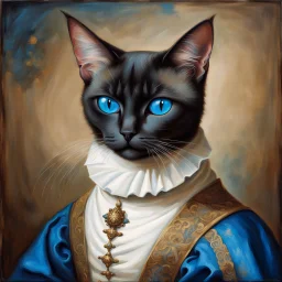 Renaissance Portrait of a Siamese cat wearing classic mediveal outfit, oil painting texture, piercing blue eyes