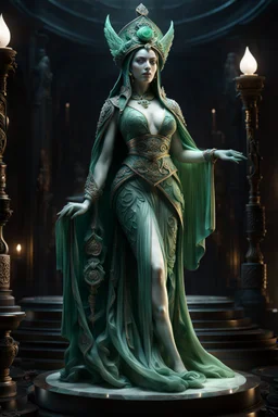 highly detailed marble and jade sculpture of a female necromancer, transparent nail polish, volumetric fog, Hyperrealism, breathtaking, ultra realistic, unreal engine, ultra detailed, cyber background, Hyperrealism, cinematic lighting, highly detailed, breathtaking , photography, stunning environment