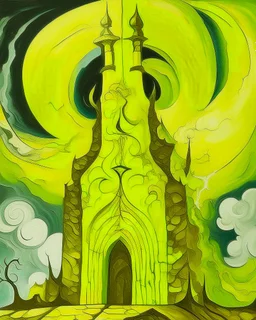 A banana yellow colored heavenly realm with a lightning temple painted by Pablo Picasso
