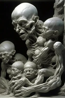sculpture of a baby with multiple faces and limbs. decayed and rotting with grotesque proportions and imagery. abstract grotesqueries, detailed texture, surreal horror, biomechanical design, by hr giger and beksinski
