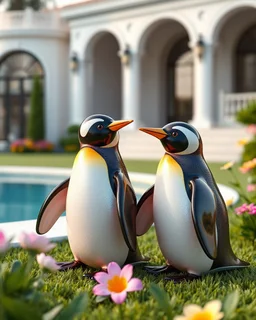 Generate image: Generate image: Generate image: A macro 3D render of a cute, lovely Penguins,made of Transparent, colored jely. is landing in yard of a luxury villa next to flowers ,subsurface scattering and gelatinous texture . High-quality CGI, octane render, 8k resolution, whimsical, adorable, clean composition. long shot ,4:3