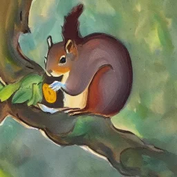 A squirrel on a tree eating nut, expressionist painting.