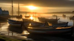 Fishermen’s boats anchored around a Scottish harbour near a fishing village, fishermen putting fishing nets on their boats, mist covering the distance, calm sea, early morning, sunrise, the moment the sun rises, beautiful romantic photograph, excellent composition, atmospheric, realistic