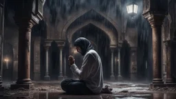 Hyper Realistic Young-Adult-Muslim Guy Crying & Praying-Namaz with-lean-body-language outside an old abandoned dark mosque at dark heavy rainy night showing dramatic & cinematic ambiance.