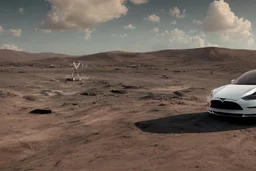 A Tesla 'Model Y' is drifting at high speeds, at the lunar landing site of the 'Apollo 11'. (CINEMATIC, WIDE ANGLE LENS, PHOTO REAL)