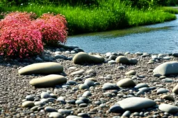 River, stones, flowers