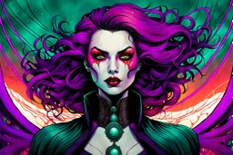 full color illustration of a surreal futuristic female vampire traveler, with highly detailed hair and facial features in the style of Sveta Dorosheva and Travis Charest, detailed and sharply defined line work and inking, vibrant natural color palette, 4k