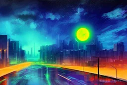 Cloudy night, futuristic street view, exoplanet in the sky, cyberpunk influence, impressionism painting