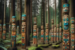 A forest filled with totem poles with clocks on them