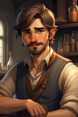 Halfling bartender. Make him realistic. He should have straight brown hair and a mustache. He's in his 20s, and should look rugged but youthful. He should look like Jack Marston. He wears mostly brown, black, cream, navy blue, and rust orange.