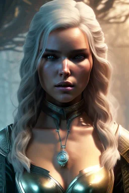 Camilla luddington face, texture skin,Crystal yellow eyes, long white hair, wearing The witcher 3, realistic, 4k, intricate, best quality, fog particles, fire particles, octane render, vray, sword fire