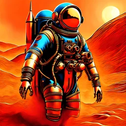 A futuristic 1890 diving suit with two rockets attached onto the back by two angled short necks, the astronaut has launched himself just into zero gravity and is heading out into space, the earth is at his back, 2 4x2 jrocket engines with large blue flames painted in copper, brass, and Steel colors,all glass tinted red, intakes are painted matte black, in flight, upper atmosphere, mechanical surrealism, biomechanical surrealism, bilaterally symmetrical, steampunk, cyberpunk, in fr