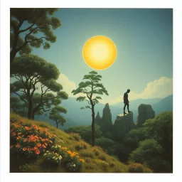 Polaroid photo of a peaceful marvelous landscape, trees, flowers, giant sun, bas-relief, decal, very spooky figure, intricate, rock formations, atmosphere of a Max Ernst painting, Henri Rousseau, thoughtful, interesting, a bit appalling, smooth