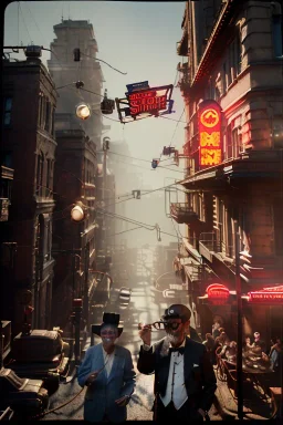 American shot view, cabaret scene, steampunk. Medium shot view, old Asian man + little monkey, Sunglasses, smoking, happy, hot. Many people background, highly detailed, concept art, unreal engine 5, god rays, ray tracing, RTX, lumen lighting, ultra detail, volumetric lighting, 3d, finely drawn, high definition, high resolution.