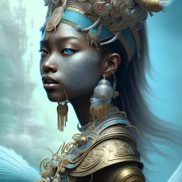 Sango fantasy, fantasy magic, intricate, sharp focus, illustration, highly detailed, digital painting, concept art, matte, art germ and Paul Lewin and Kehinde Wiley, masterpiece Aztec princess dancer head bronze feather's' Asian African girl nice breast Thai hair turquoise silver blue under water