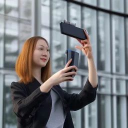 A short haired, female computer engineer taking a selfie in front of Building 92 at Microsoft