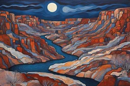 a painting dramatic Southwestern river canyon landscape under a pale winter moon, in the Art Brut style of Jean Dubuffet, rich natural colors, museum quality masterpiece