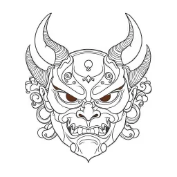 White, minimalis line art , oni mask japanes , vector, white background, outline, with images neatly contained within the background, just black and white color,