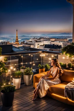 Middle shot from a beauty lady is sitting on the sofa in a nice shiny dress and enjoying the evening atmosphere. , a Roof terrace with sofas, one poof a small table with cocktail and potted plants. The area is lit by string lights, cozy atmosphere. the illuminated terrace and the view of the big city in the background makes this environment relaxing and spectacular. high detalied, cinematic