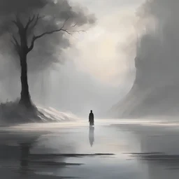 Video game art. A lone, enigmatic figure gracefully melds with muted grays and soft hues, casting shadows that whisper tales of introspection. The backdrop, a dreamscape of subtle ambiance, hints at expansive contemplative vistas. Every nuance is a brushstroke, inviting players into a realm where moments unfold in quiet beauty. No overt title disrupts this visual poetry the art itself