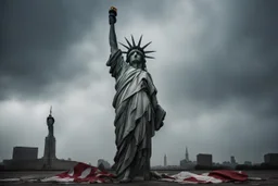the statue of liberty, dress dirty and torn, her face solemn and terse, trash littered at her feet, she holds a crumpled american flag, she walks away with back turned under a dark and dreary sky, wide angle