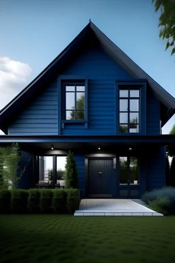 casa con techo tipo cabaña, con apariencia urbana pero moderna color azul oscuro