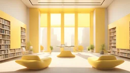 Modern yellow library interior with sunlight. Decor and desing concept. 3D Rendering