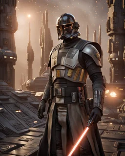 star wars bald male corellian pilot wearing pearlescent black and gunmetal grey First Order special forces heavy assault stealth commando armor and helmet with gold trim inside the jedi temple, hyperdetailed, dynamic lighting, hyperdetailed background, 8k resolution, volumetric lighting, light skin, fully symmetric details