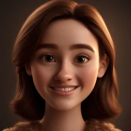 a portrait of smiling cute beautiful woman. medium dark brown hair. fair skin. dark brown eye pupils. small nose. heart face shape. pixar style. 3D. 4k. portrait. highly detailed. sharp focus. high resolution. full color. cinema lighting