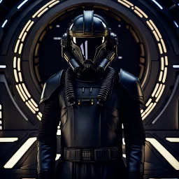 star wars bald male corellian pilot wearing gunmetal grey and black First Order armored special forces TIE pilot flightsuit and helmet with gold trim inside the jedi temple, centered head and shoulders portrait, hyperdetailed, dynamic lighting, hyperdetailed background, 8k resolution, volumetric lighting, fully symmetric details