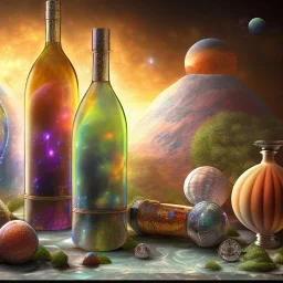 universe in a bottle on a velvet tablecloth,