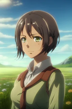 Attack on Titan screencap of a female with short, wavy dark hair and dark eyes. Beautiful background scenery of a flower field behind her. With studio art screencap.