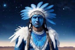 indiano d'america con gli occhi blu, il suo costume è azzuro blu con qualche piuma blu e bianca, ma anche in stile minimalista un po' cosmico-futurista. La figura è intera e lui è in piedi, Il paesaggio è di natura Nativa con una notte stellata, un cielo luminoso pieno di galassie brillanti