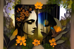 double exposure, dark night, Rainforest, flowers, birds, sleeping goddess merged layers, waterfall Patchwork and painting by Meghan Duncanson and Jennifer Lommers and Didier Lourenço in sunshine plastic 3D effect ochre, burlap, mirror foil in candlelight